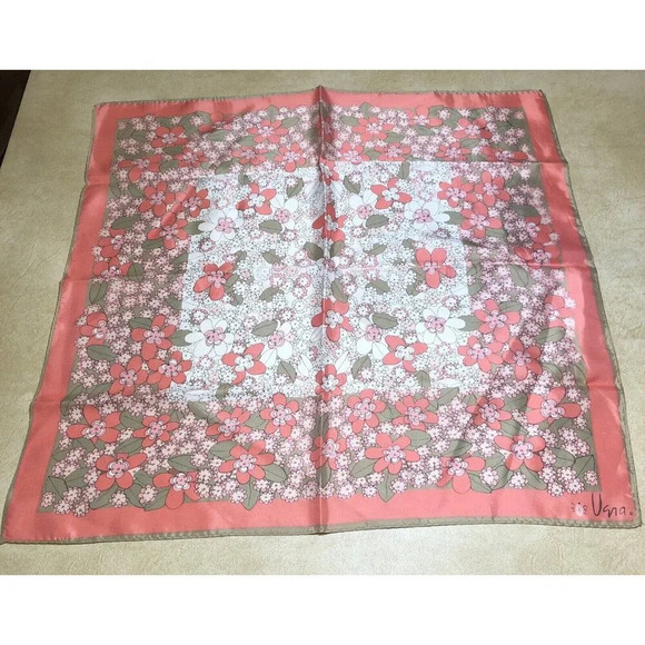 Vintage 1960s 100% Polyester Coral Floral Vena Scarf 22” - Picture 1 of 7